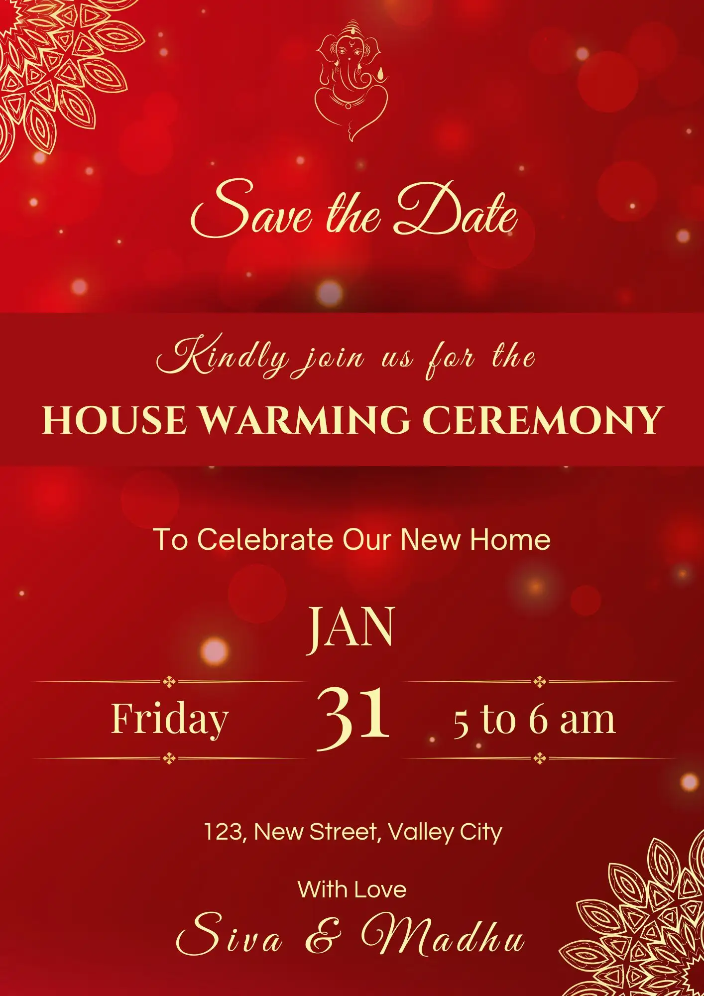 indian traditional red golden elegant background house warming invitation