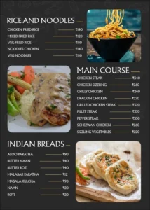High-quality menu card front layout design for food businesses kerala, bangalore