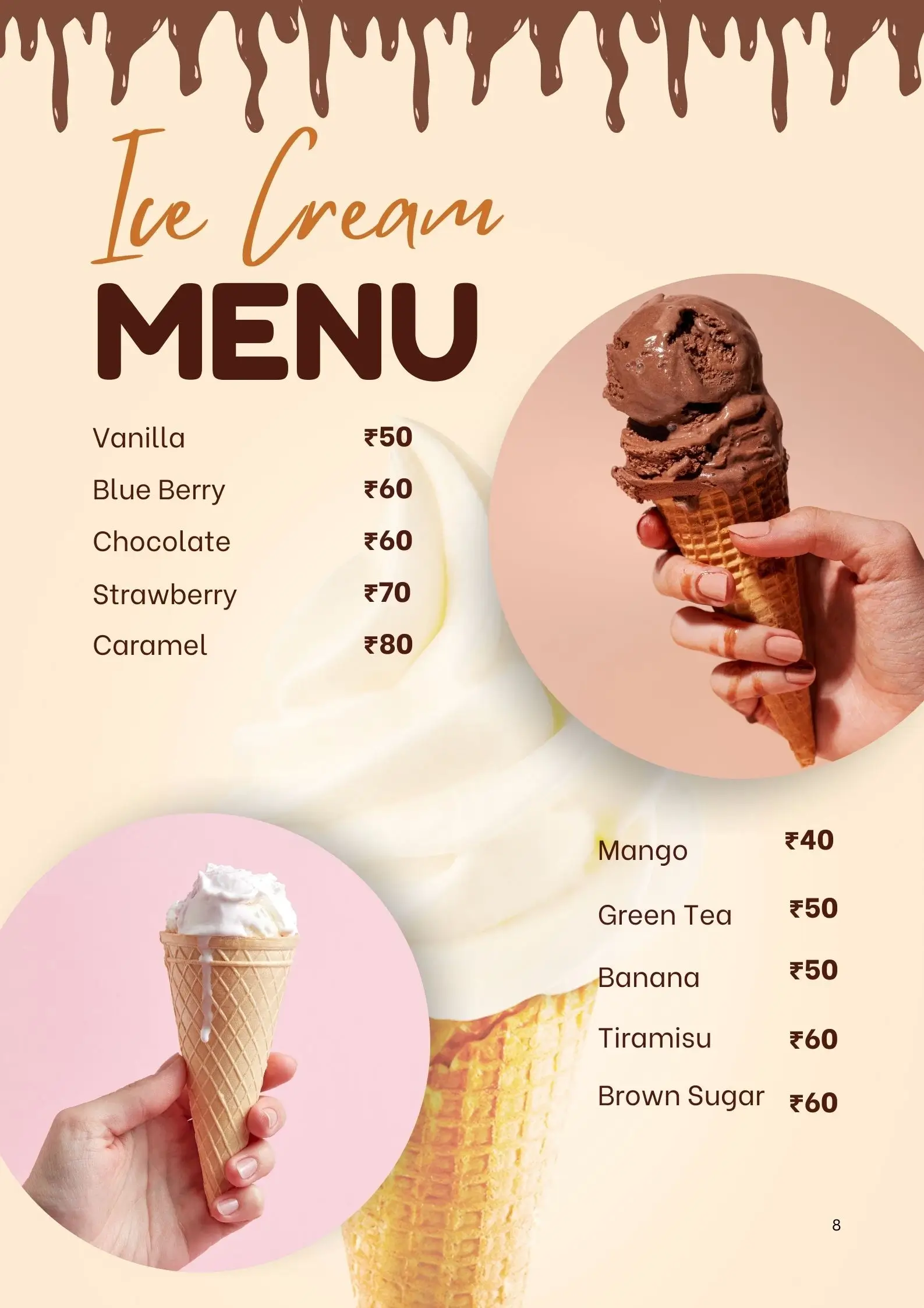 ice cream menu card